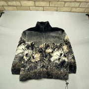 black and Grey Wolf Print Fleece Jacket Men's Medium