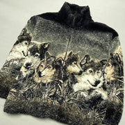 black and Grey Wolf Print Fleece Jacket Men's Medium