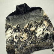 black and Grey Wolf Print Fleece Jacket Men's Medium