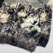 black and Grey Wolf Print Fleece Jacket Men's Medium