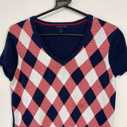 Navy Tommy Hilfiger Argyle Sweater Short Sleeved Womens Medium