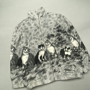 Grey Cat Print Fleece Jacket Men's Medium