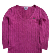 LACOSTE Pink Cable   Cotton V-Neck  Knitwear Sweater Women's XS